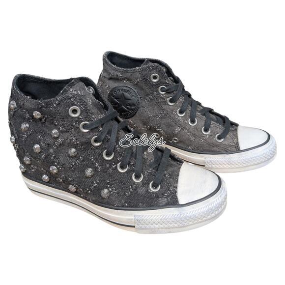 Converse 2015 RARE Lux Mid Hidden Wedge Lurex Star Stud Distressed Sneaker 7.5 - Picture 3 of 10